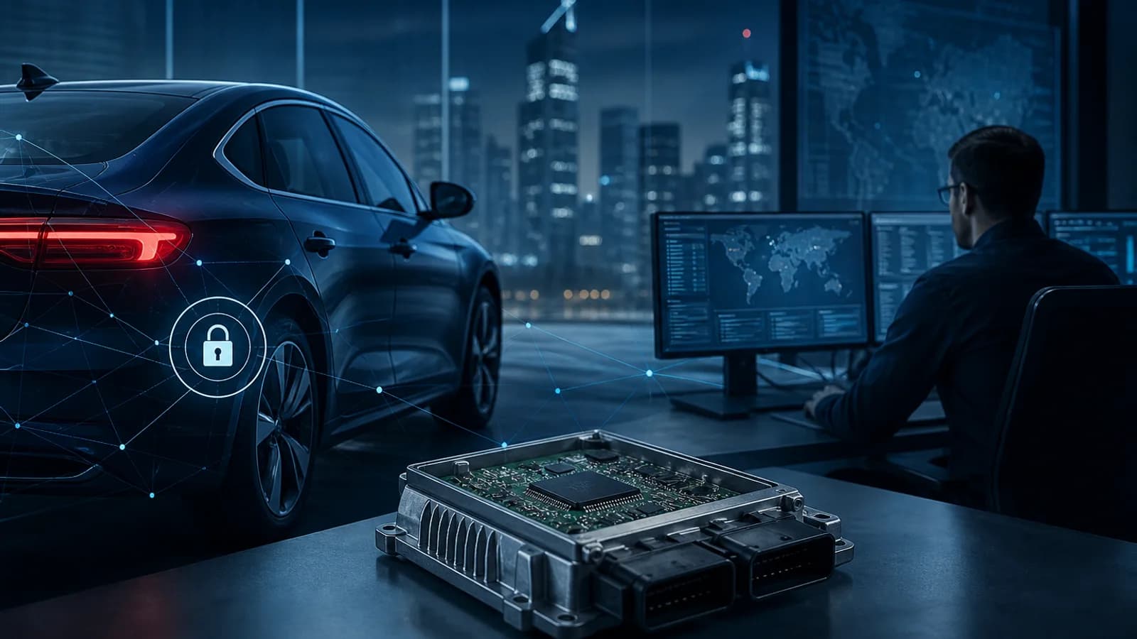 Connected vehicle, ECU hardware, and security operations representing AutoSec automotive cybersecurity services